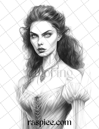 Bewitching Vampires Grayscale Coloring Pages Printable for Adults, PDF File Instant Download