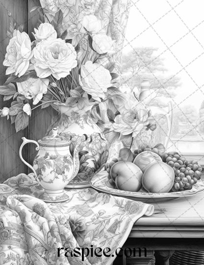 52 Still Life Grayscale Coloring Pages Printable for Adults, PDF File Instant Download