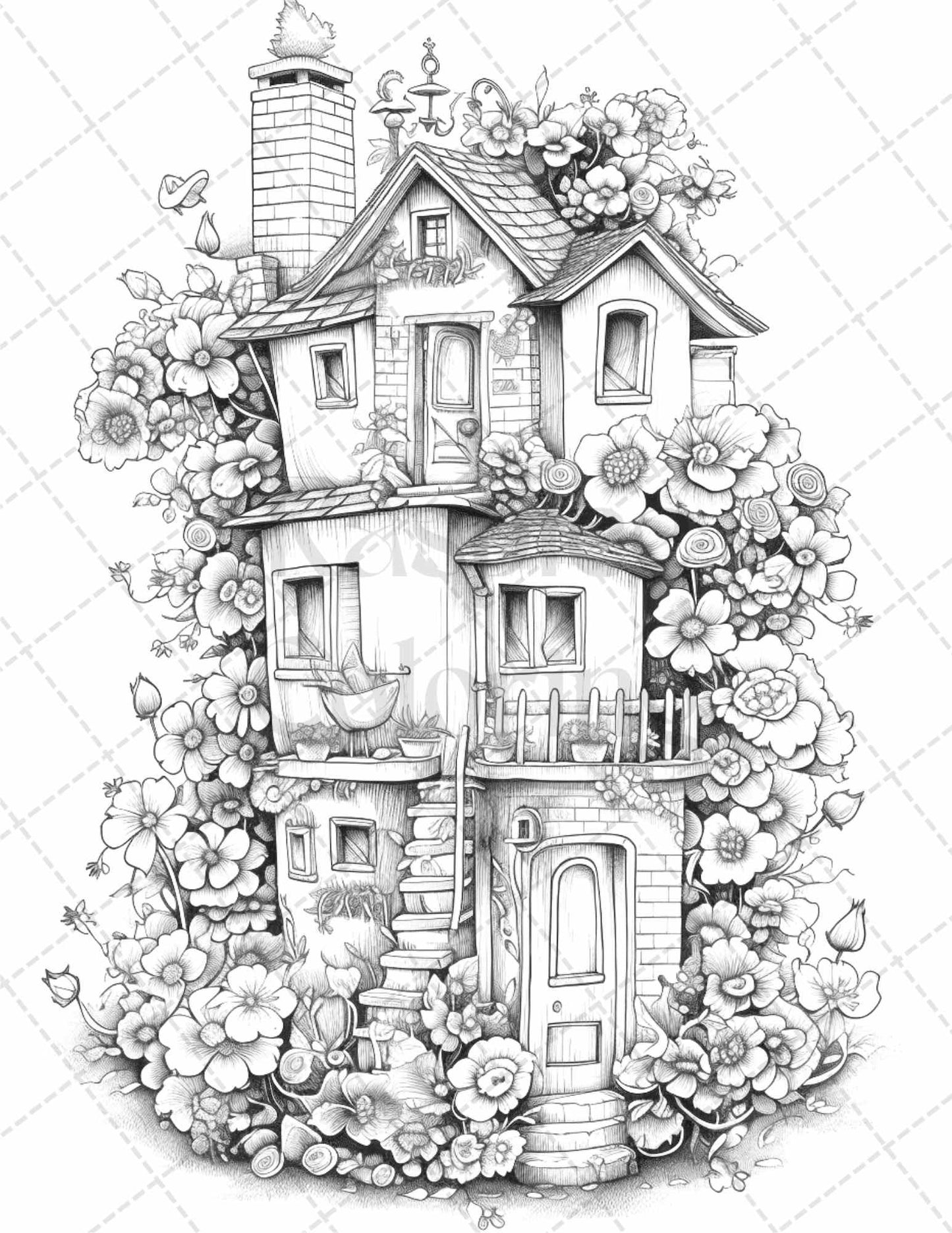 60 Flower Houses Grayscale Coloring Pages Printable for Adults, PDF File Instant Download