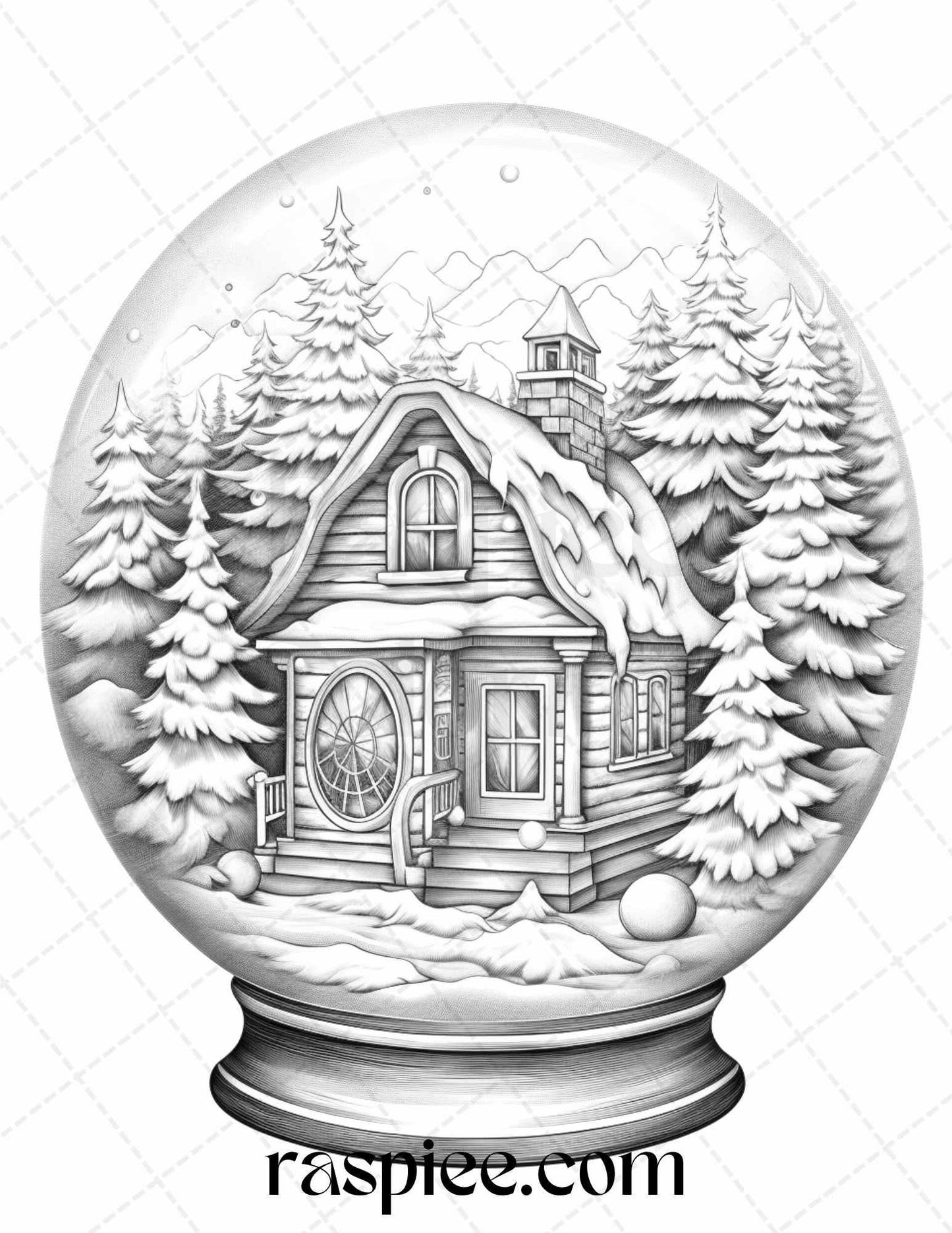 Cozy Cabin in Snow Globe Grayscale Coloring Pages Printable for Adults, PDF File Instant Download