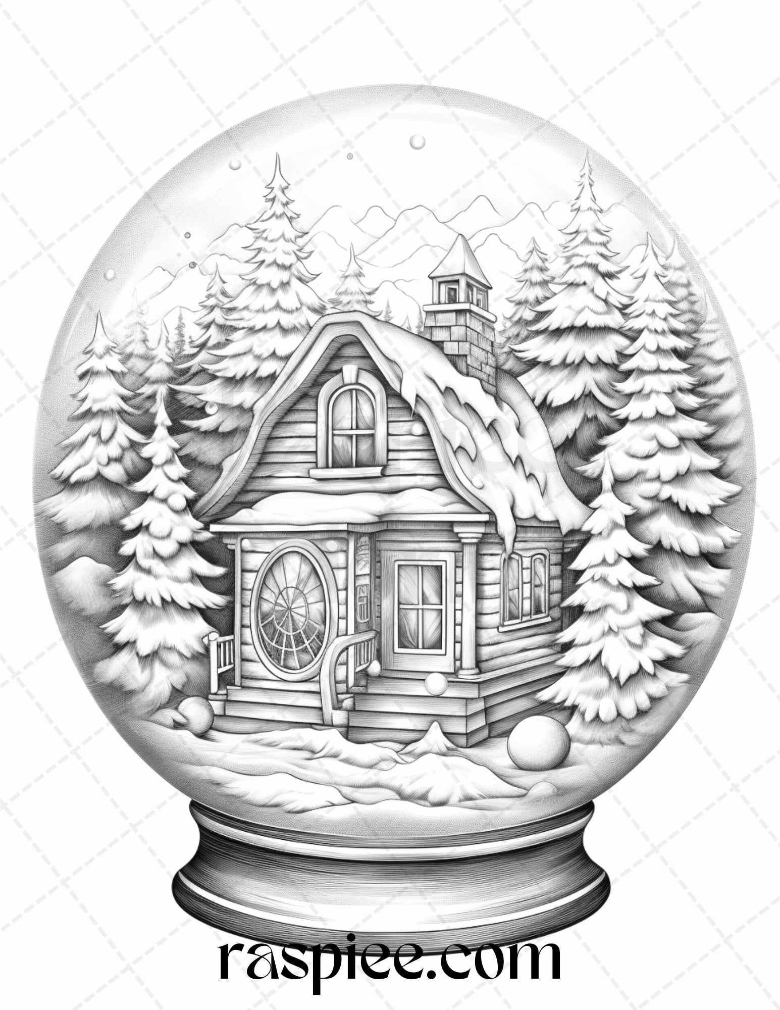 Cozy Cabin in Snow Globe Grayscale Coloring Pages Printable for Adults, PDF File Instant Download