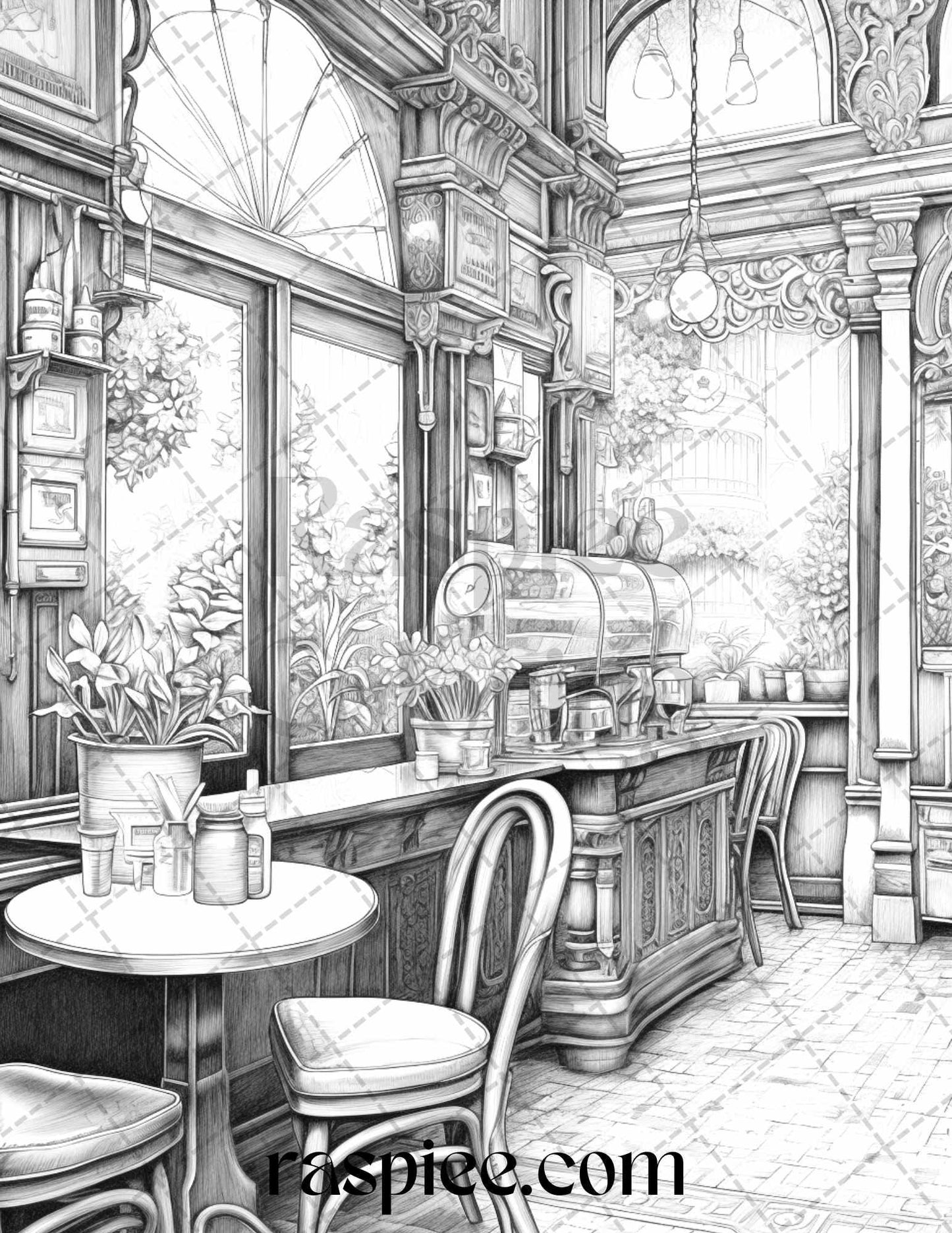 50 Cozy Coffee Shop Grayscale Coloring Pages Printable for Adults, PDF File Instant Download
