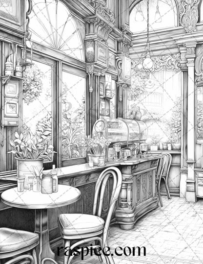 50 Cozy Coffee Shop Grayscale Coloring Pages Printable for Adults, PDF File Instant Download