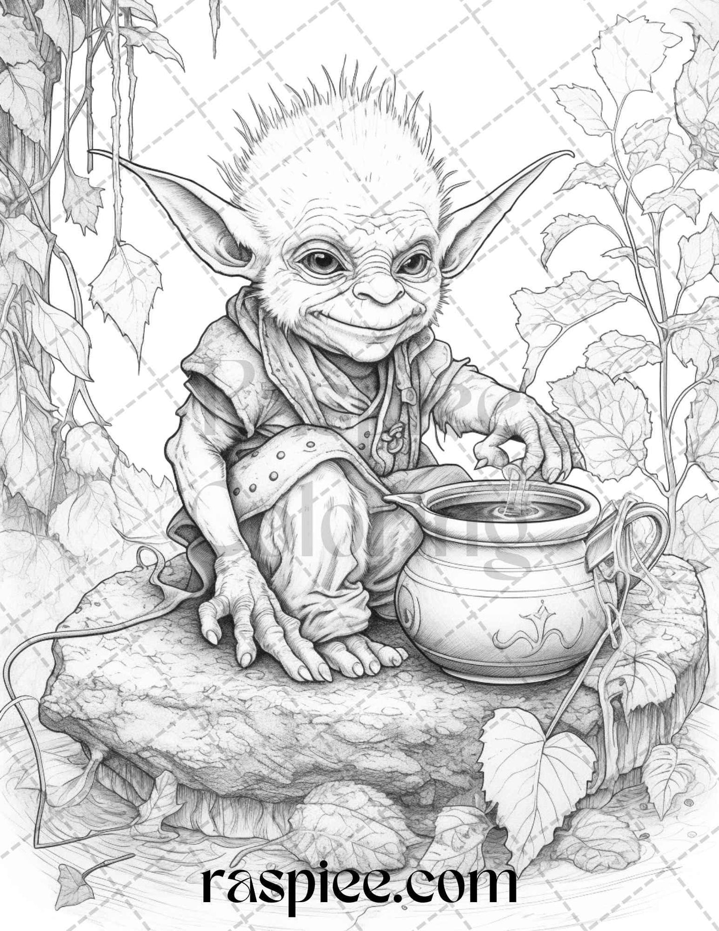 Fantasy Goblins Grayscale Coloring Pages Printable for Adults, PDF File Instant Download