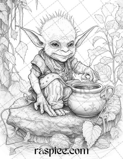 Fantasy Goblins Grayscale Coloring Pages Printable for Adults, PDF File Instant Download