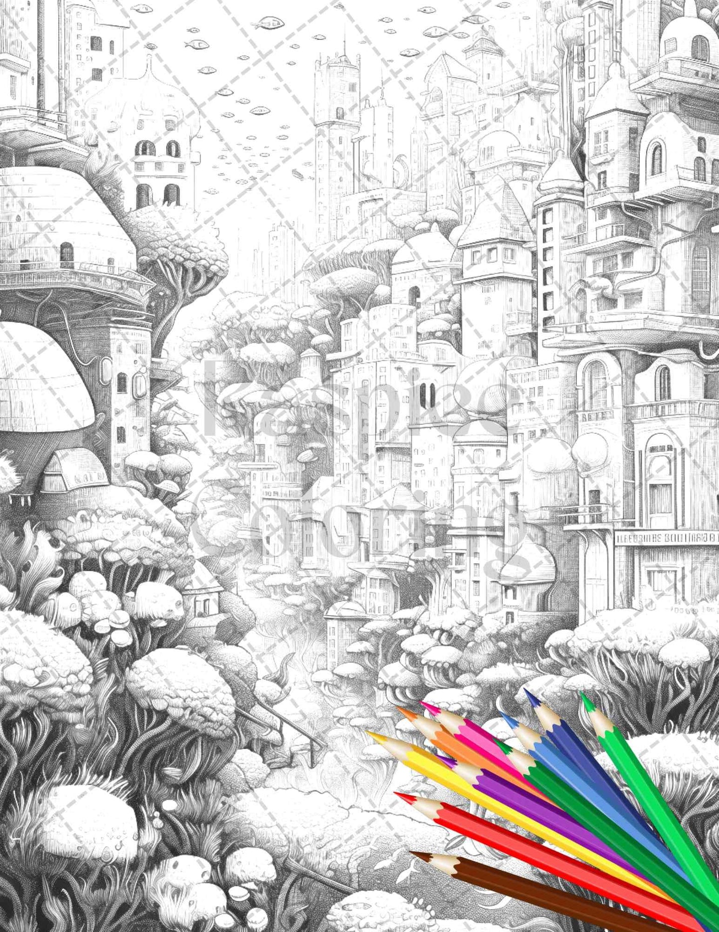 Enchanted Underwater City Grayscale Coloring Pages Printable for Adults, PDF File Instant Download