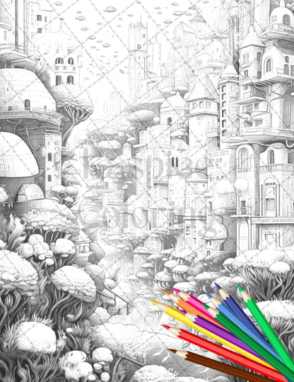 Enchanted Underwater City Grayscale Coloring Pages Printable for Adults, PDF File Instant Download