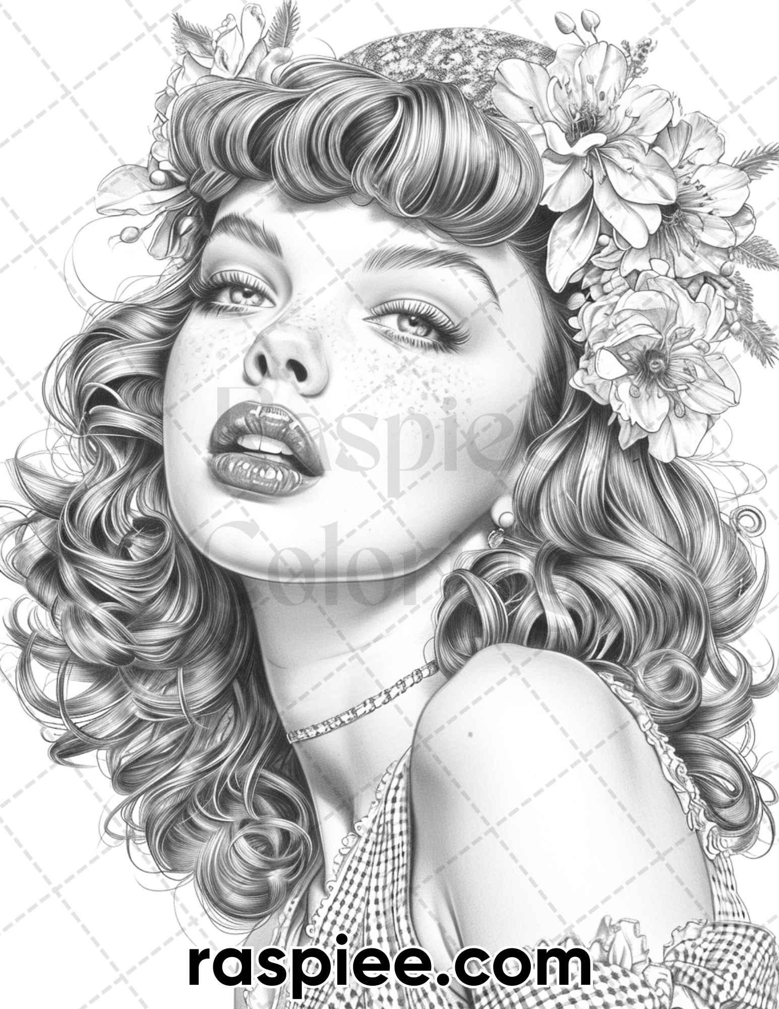 50 Vintage Spring Pin Up Girls Grayscale Adult Coloring Pages, Printable PDF Instant Download