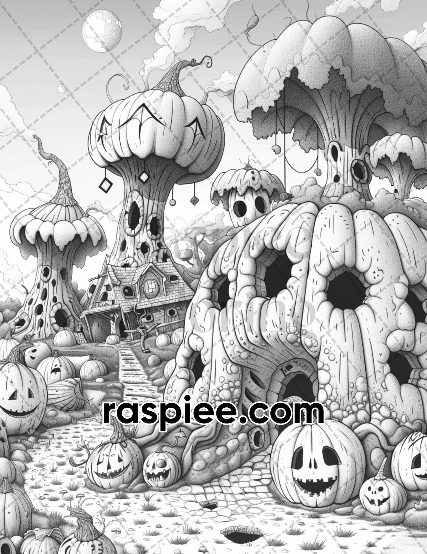 65 Fantasy Pumpkin Village Grayscale Adult Coloring Pages, Printable PDF Instant Download