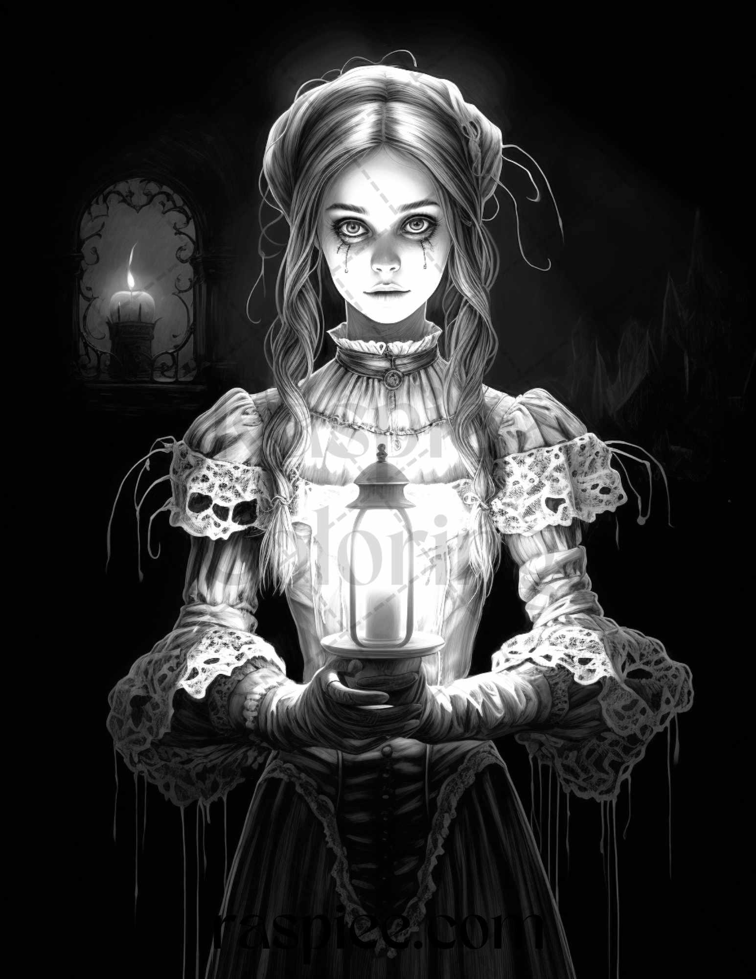 60 Halloween Victorian Era Grayscale Coloring Pages Printable for Adults, PDF File Instant Download