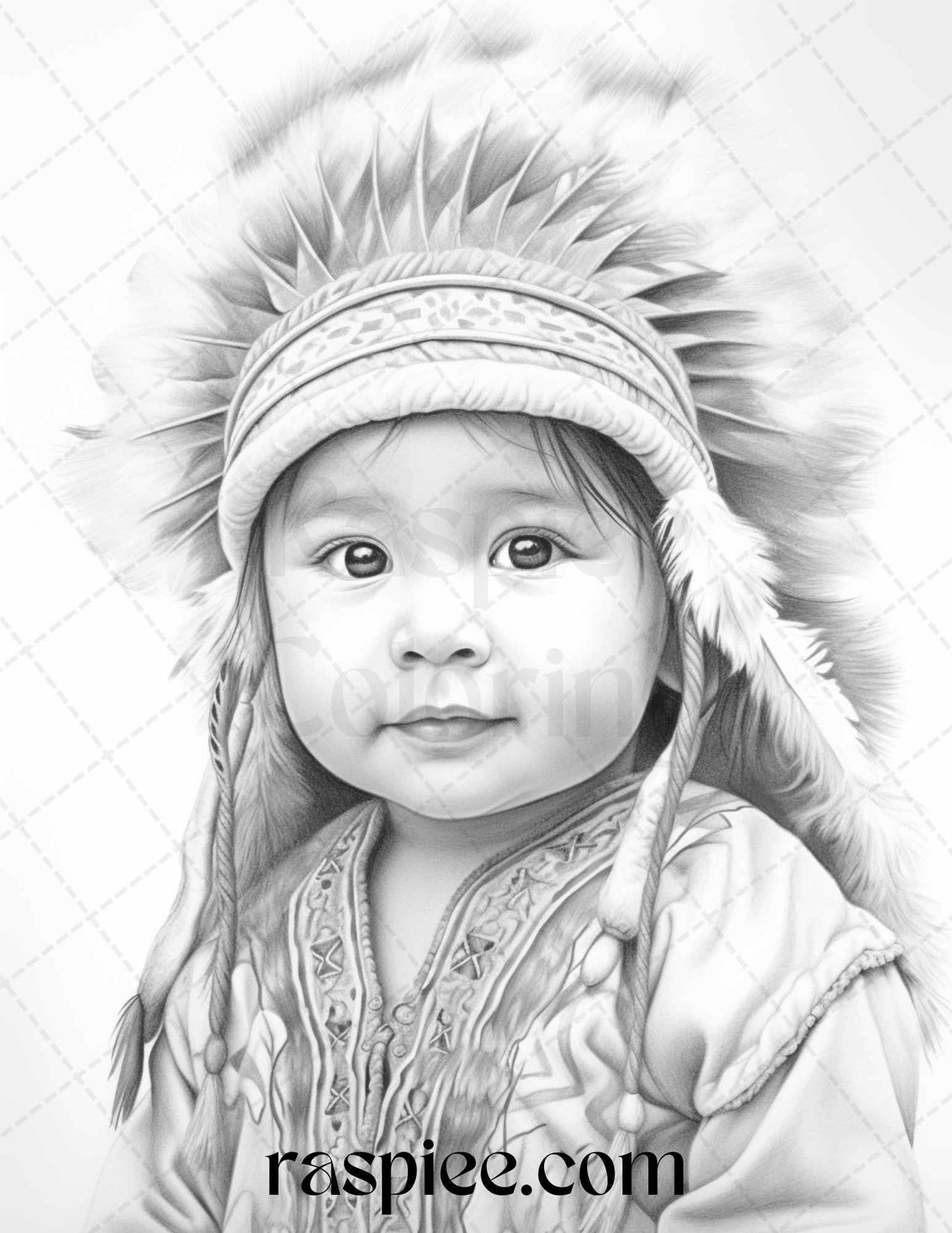 50 Native American Little Girls Boys Grayscale Coloring Pages Printable for Adults Kids, PDF File Instant Download