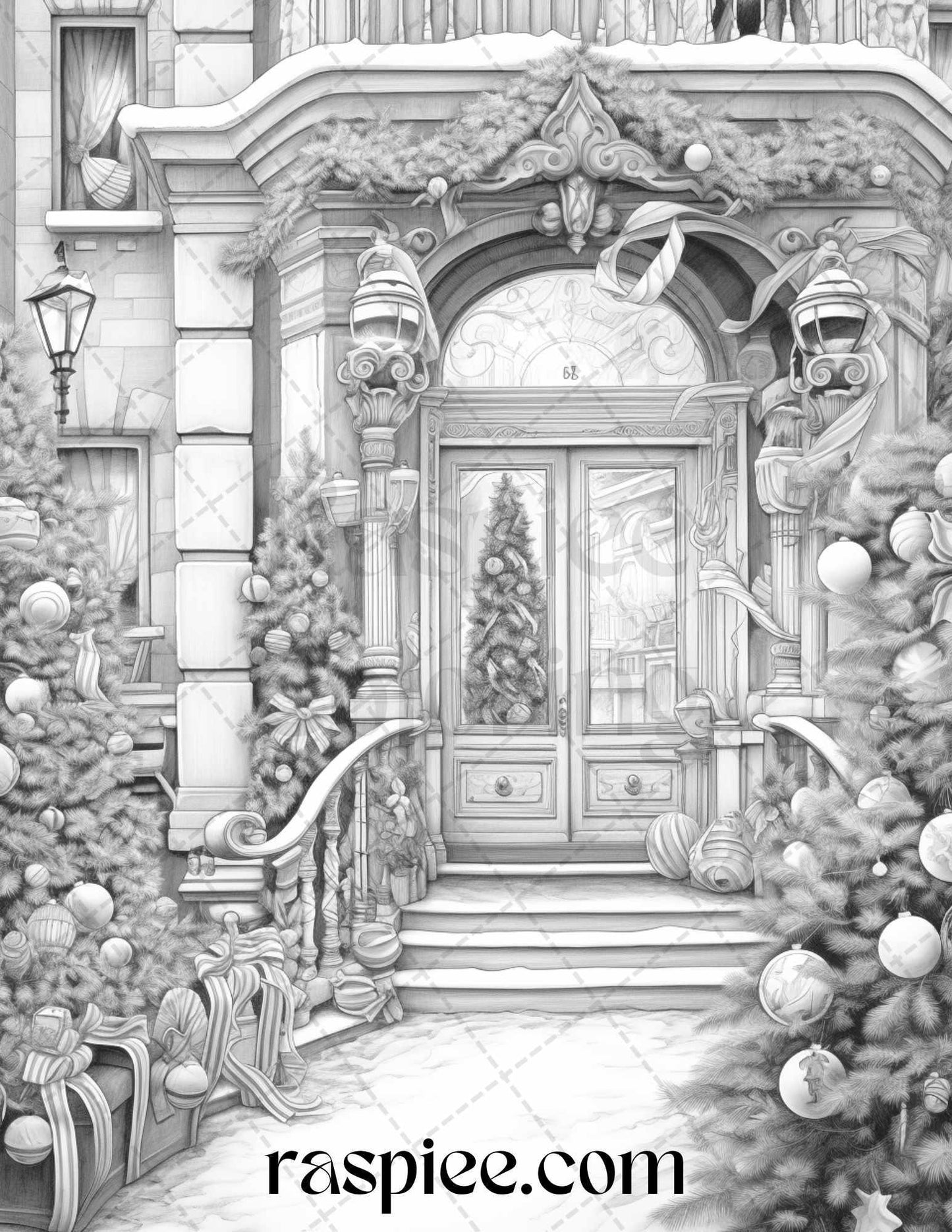 Christmas Store Front Grayscale Coloring Pages for Adults, PDF Printable Instant Download