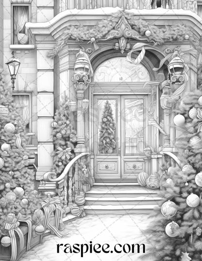 Christmas Store Front Grayscale Coloring Pages for Adults, PDF Printable Instant Download