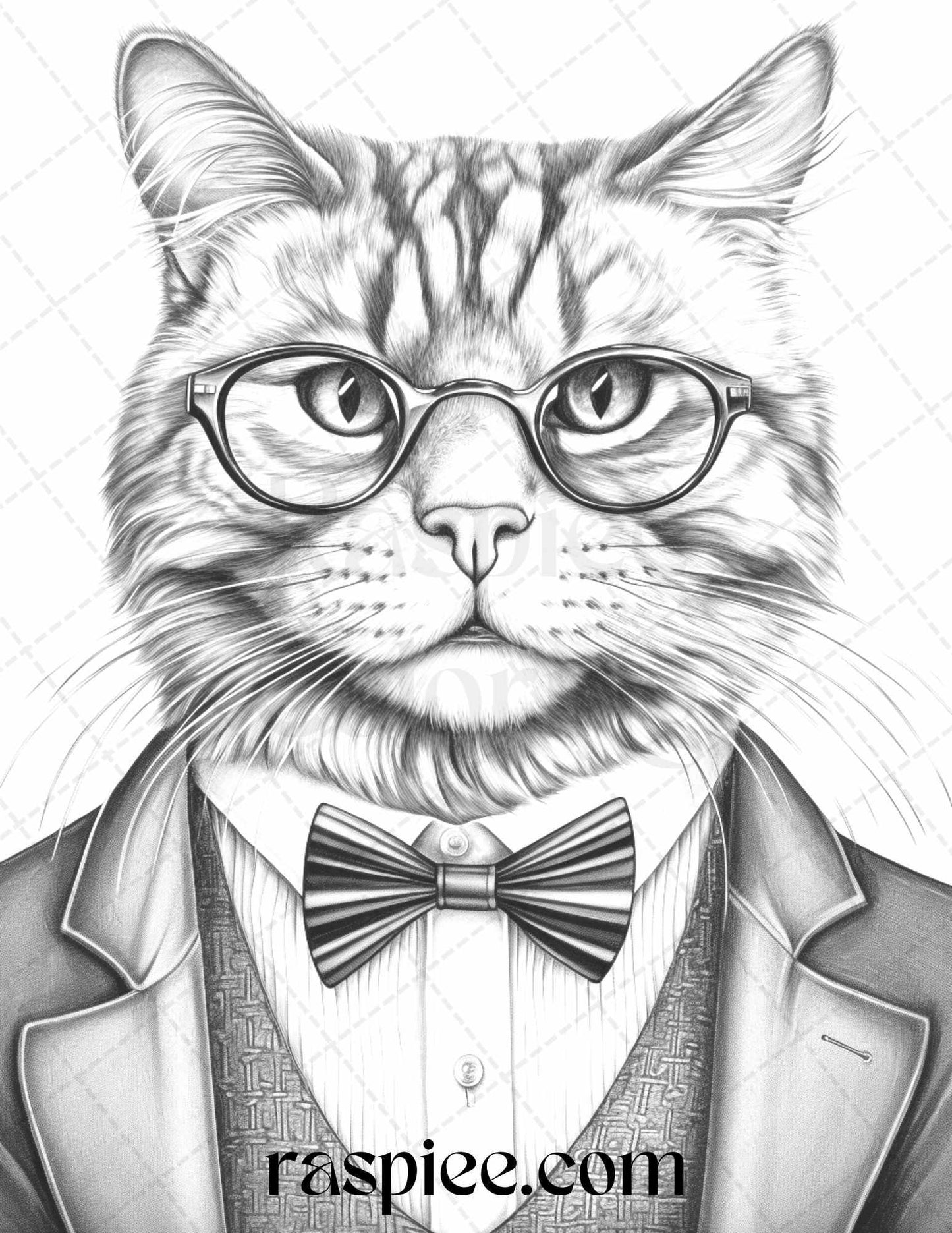 Gentleman Cat Grayscale Coloring Pages Printable for Adults Kids, PDF File Instant Download