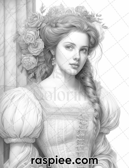 55 Renaissance Portraits Grayscale Adult Coloring Pages, Printable PDF Instant Download