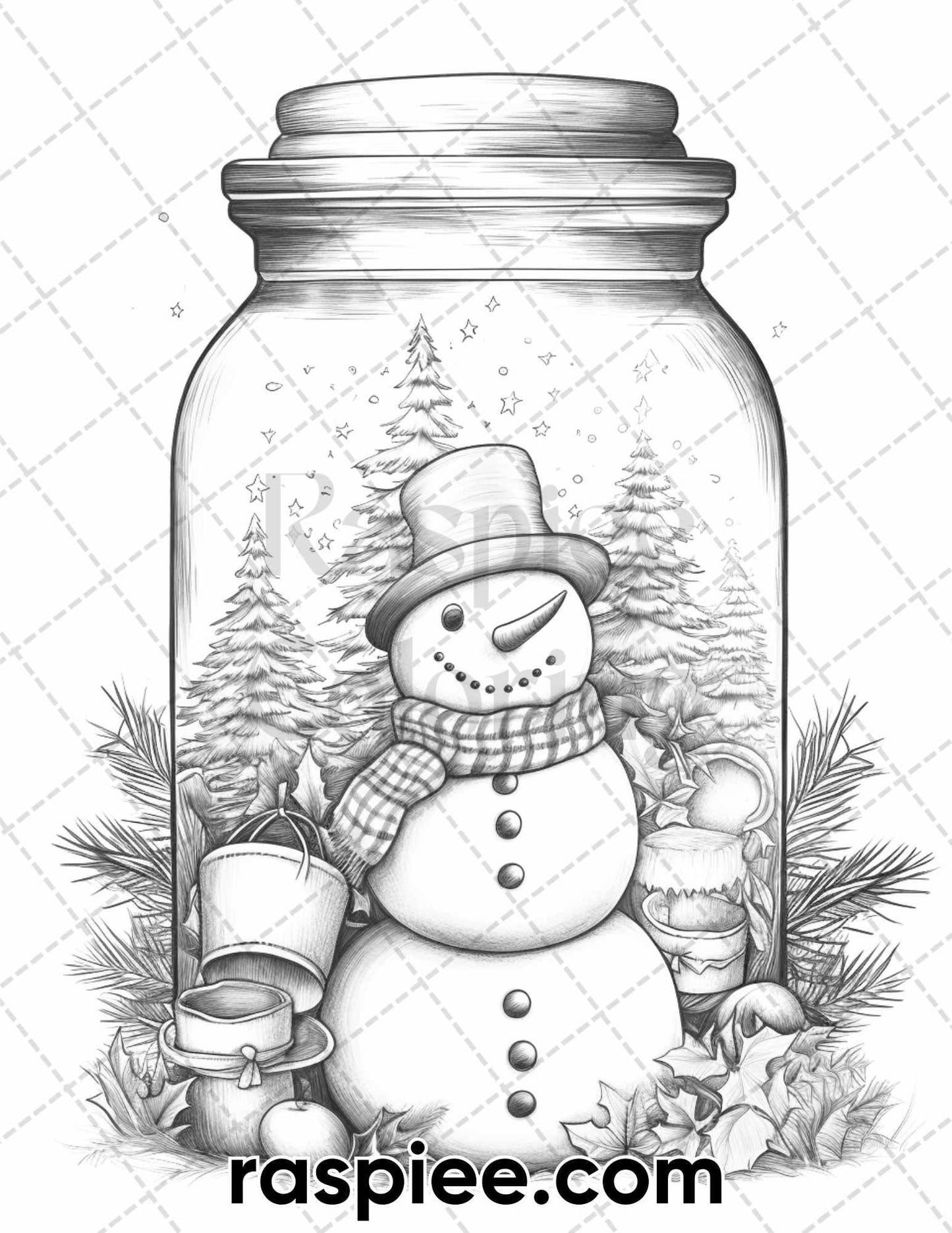 60 Christmas In Jar Grayscale Coloring Pages for Adults, Printable PDF Instant Download