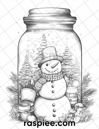 60 Christmas In Jar Grayscale Coloring Pages for Adults, Printable PDF Instant Download