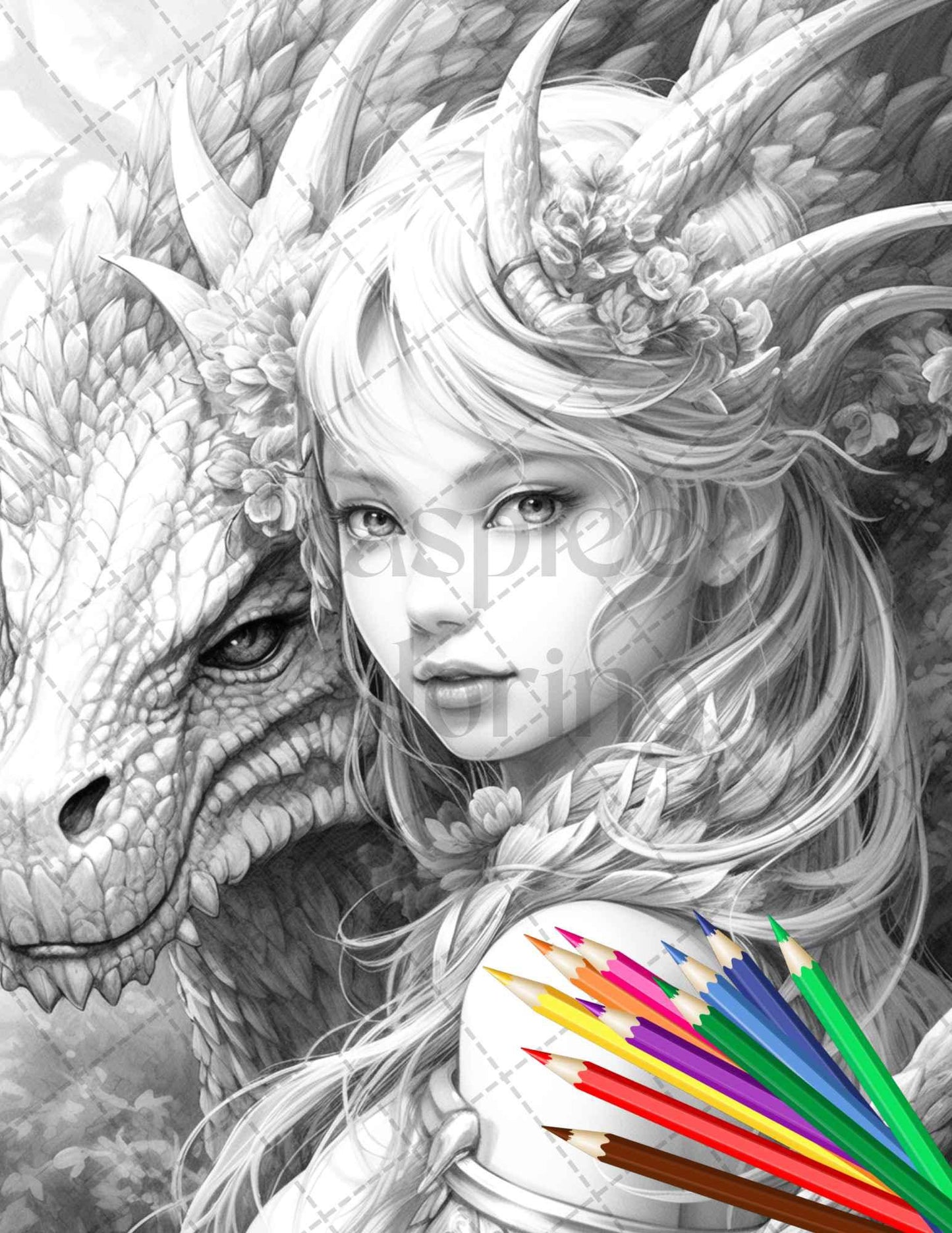 Enchanted Dragon Queens Grayscale Coloring Pages Printable for Adults, PDF File Instant Download
