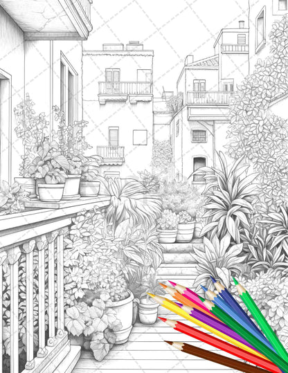 Charming Balcony Garden Grayscale Coloring Pages Printable for Adults, PDF File Instant Download
