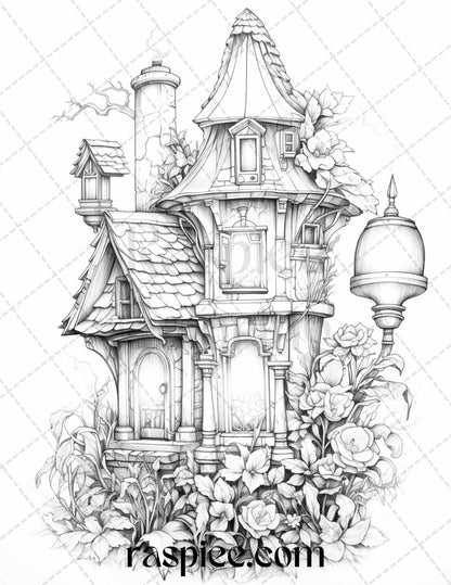 50 Lantern Fairy Houses Grayscale Coloring Pages Printable for Adults, PDF File Instant Download