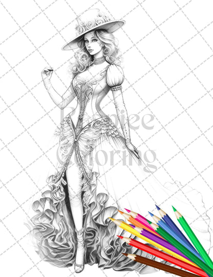 50 Victorian Fashion Grayscale Coloring Pages Printable for Adults, PDF File Instant Download
