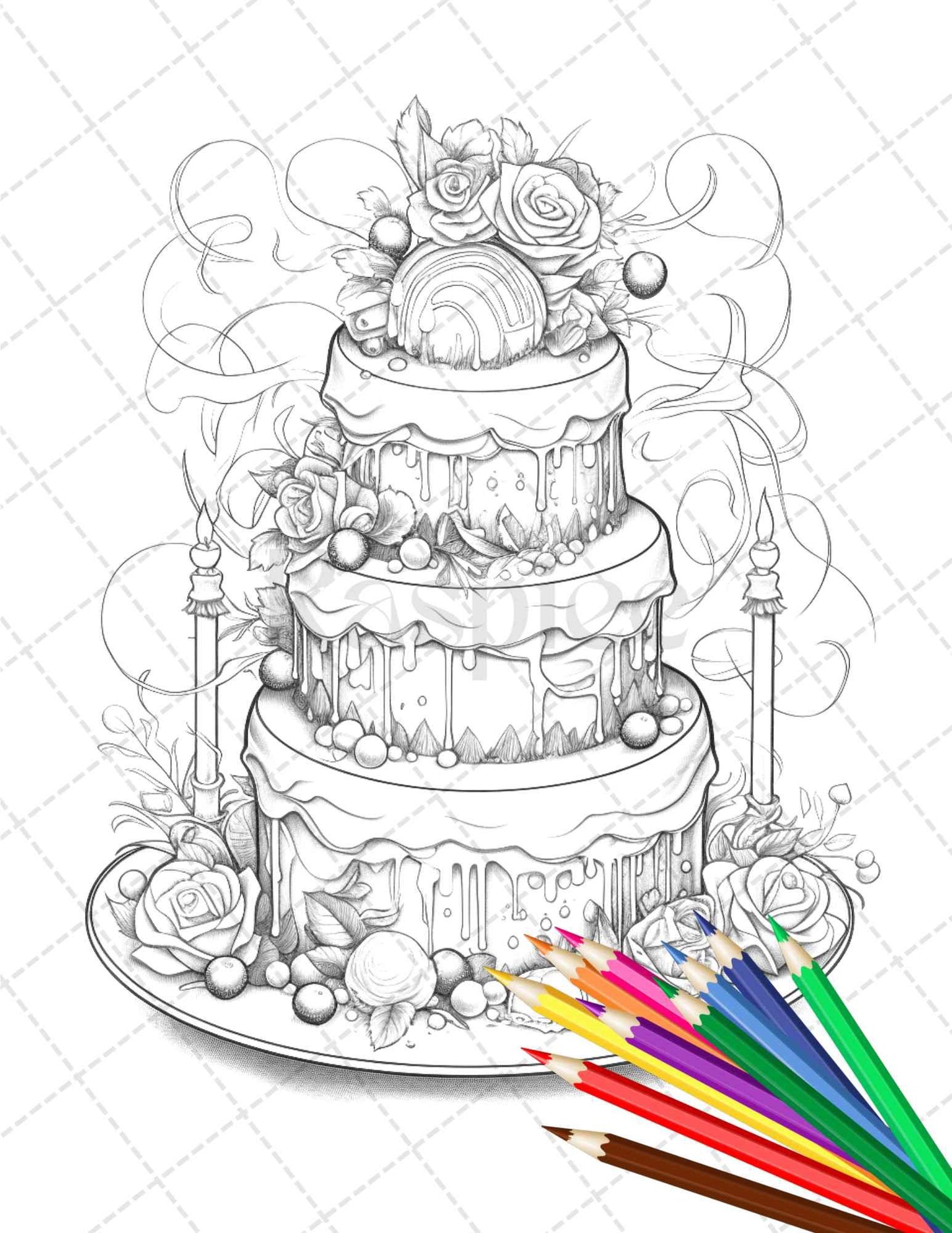38 Whimsical Cakes Grayscale Coloring Pages for Adults, PDF File Instant Download