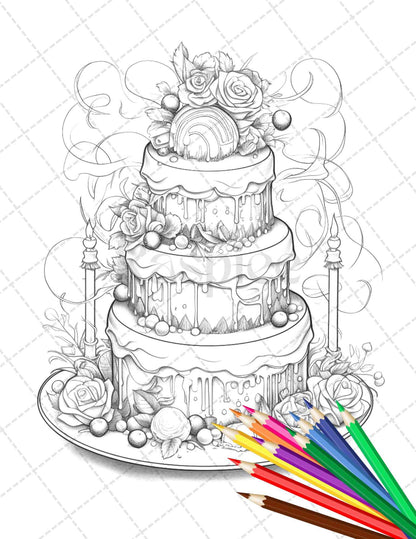 38 Whimsical Cakes Grayscale Coloring Pages for Adults, PDF File Instant Download