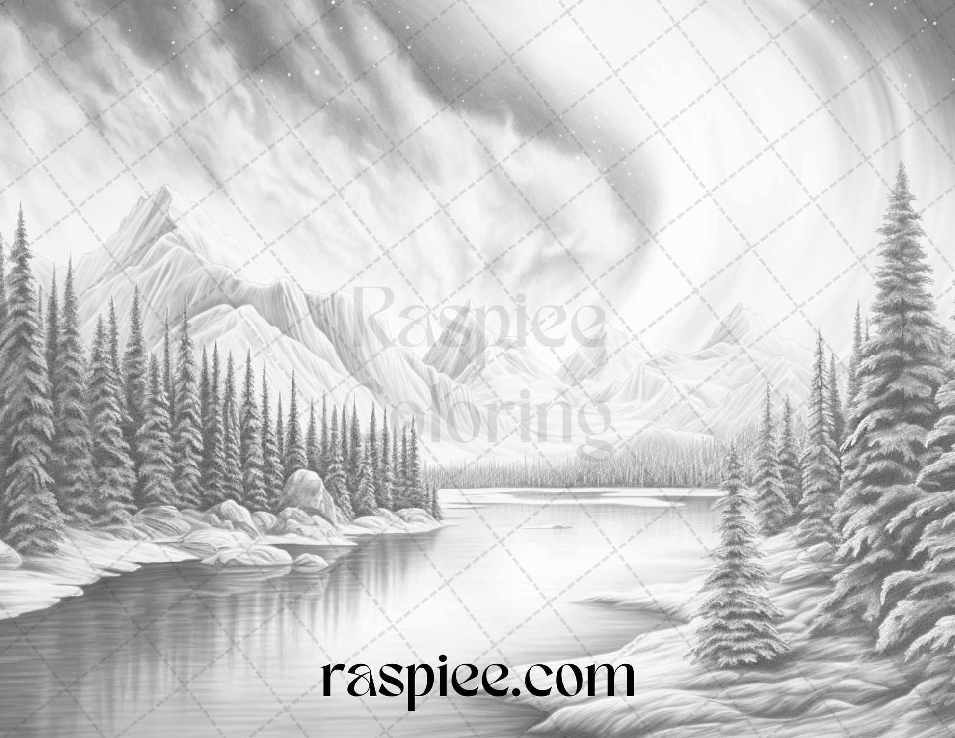 Aurora Borealis Landscape Grayscale Coloring Pages for Adults, Printable PDF File Instant Download