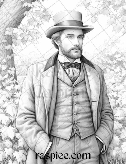 60 Victorian Autumn Portrait Grayscale Coloring Pages Printable for Adults, PDF File Instant Download