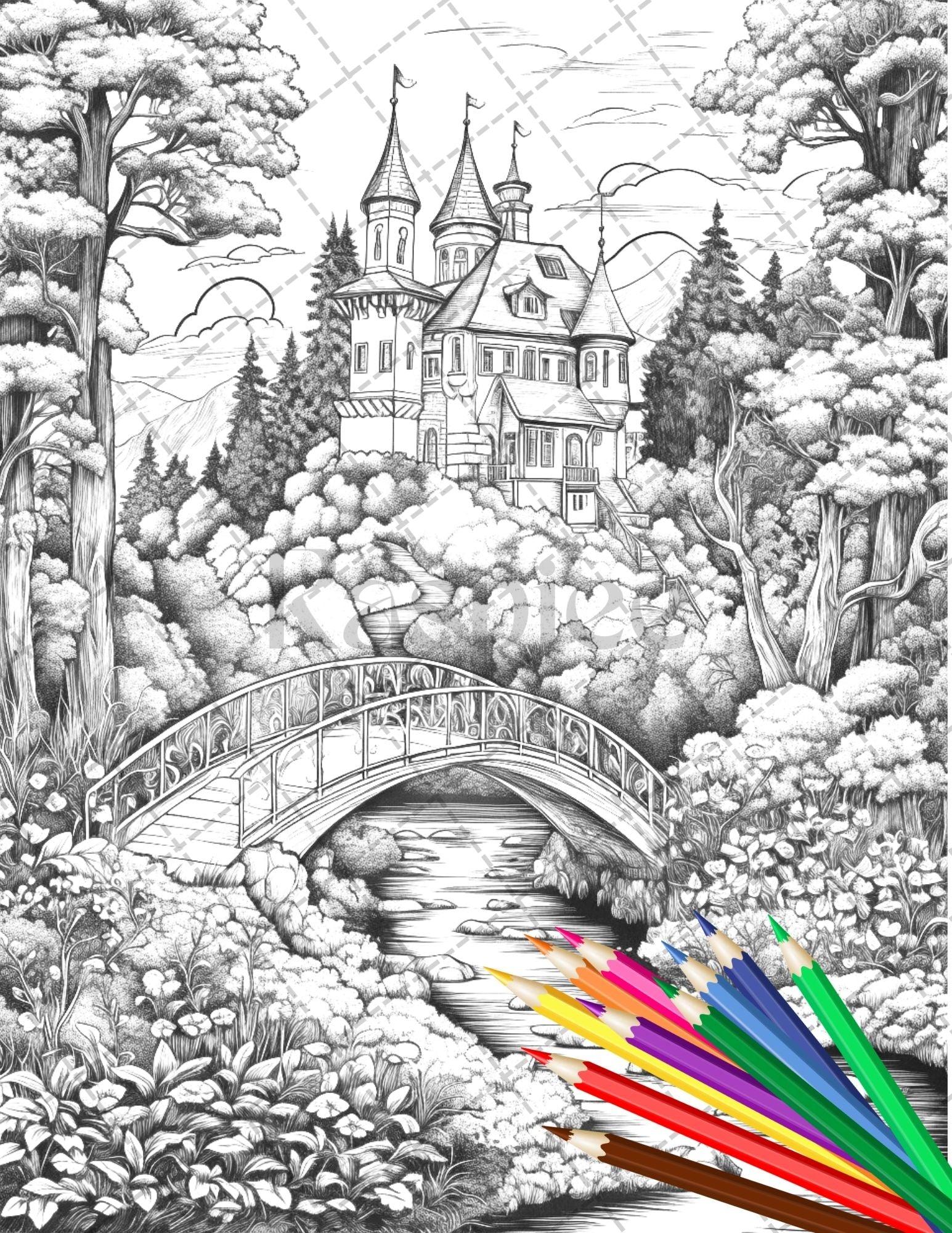 122 Fantasy Castles Coloring Book for Adults, Grayscale Coloring Page, Printable PDF Instant Download