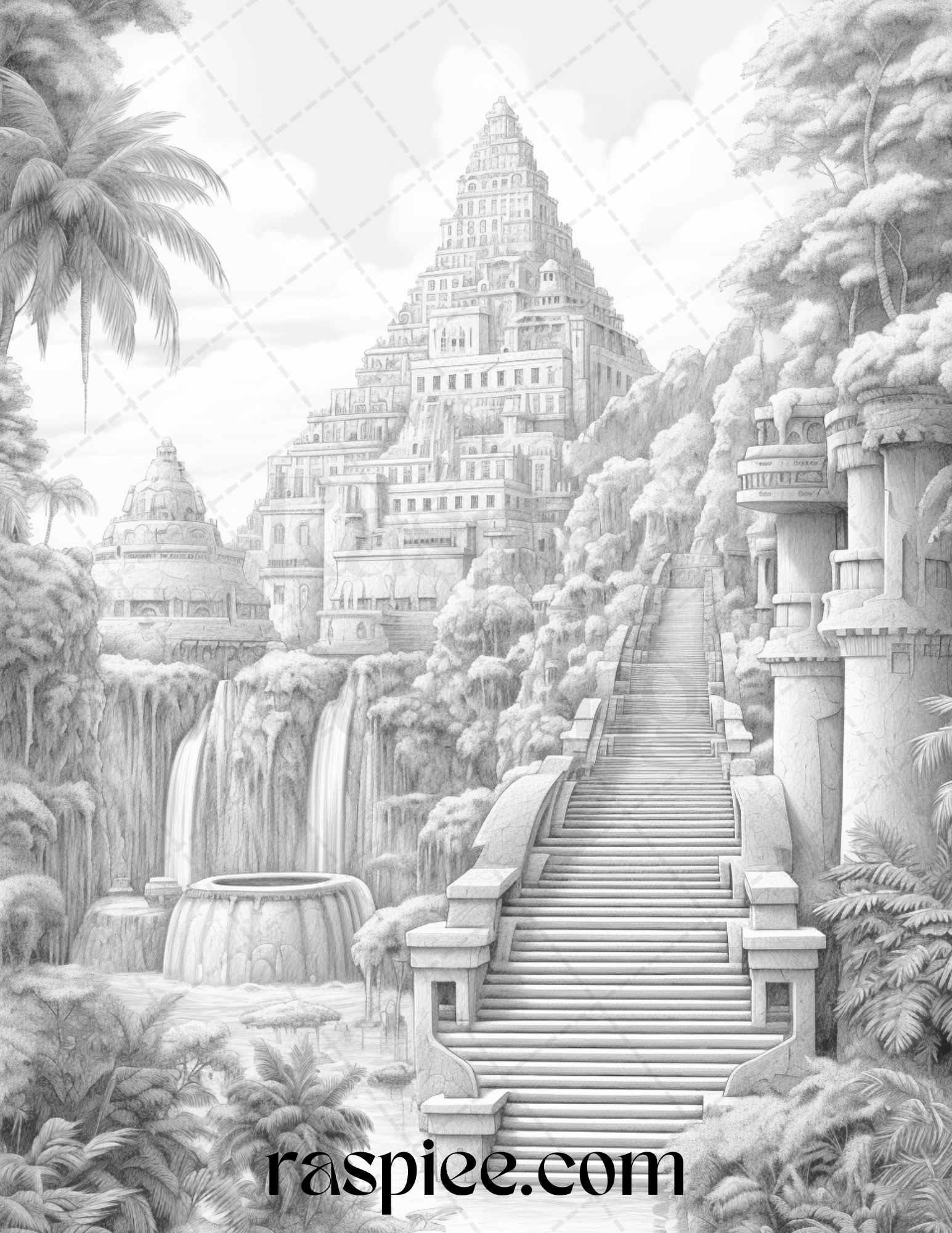 Hanging Gardens of Babylon Grayscale Coloring Pages Printable, PDF File Instant Download