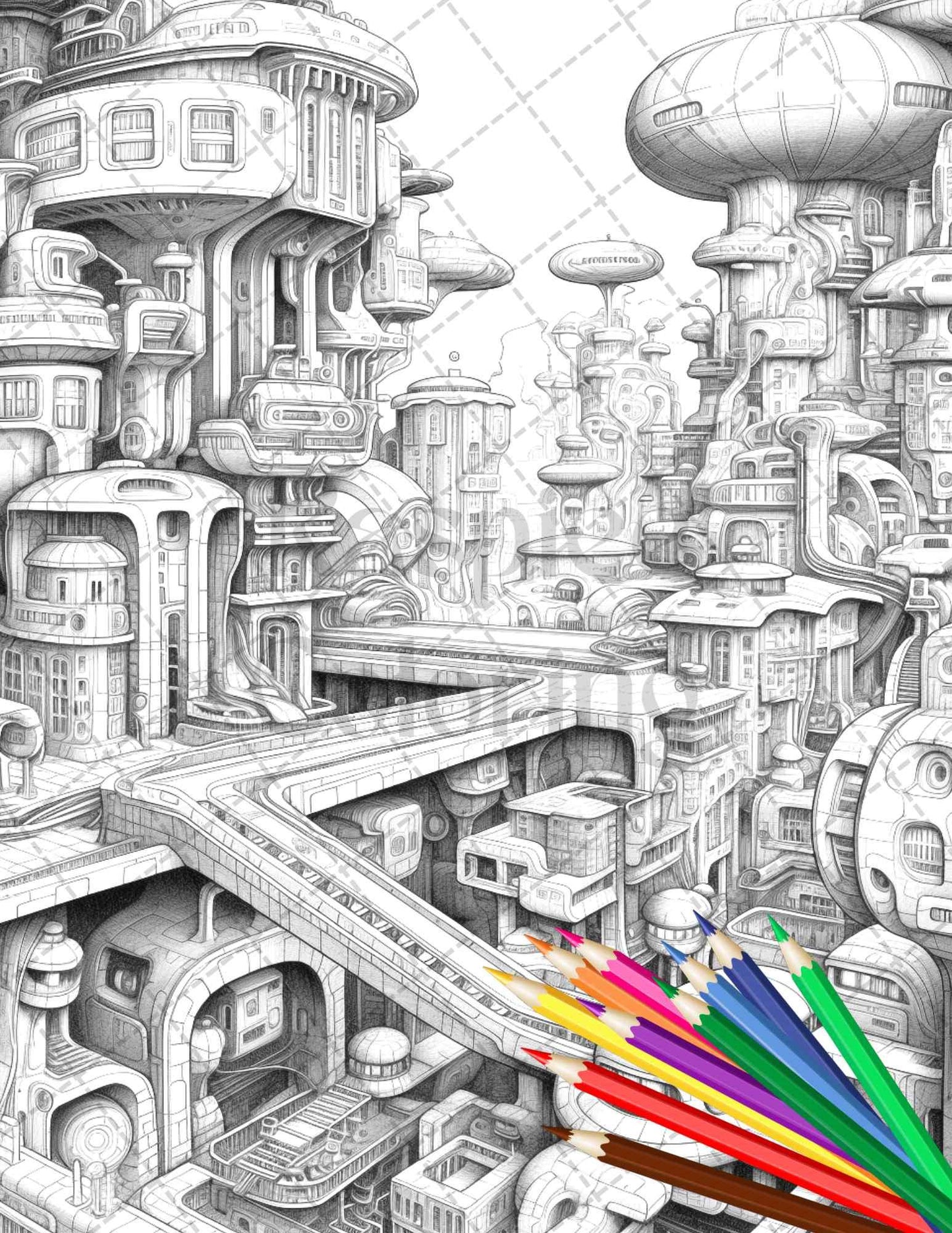 50 Futuristic Metropolis Grayscale Coloring Pages Printable for Adults, PDF File Instant Download