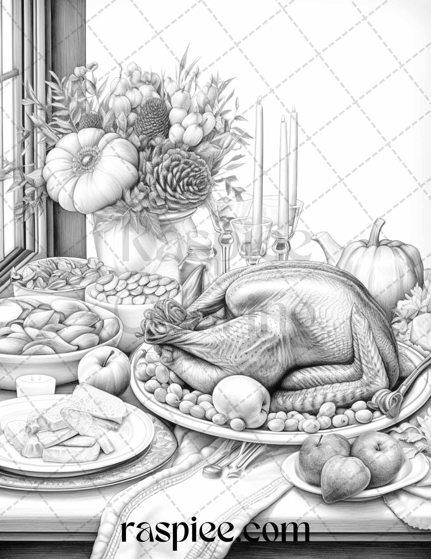 Thanksgiving Dinner Grayscale Coloring Pages for Adults, Relaxing Fall Coloring Sheets, Printable PDF File Instant Download