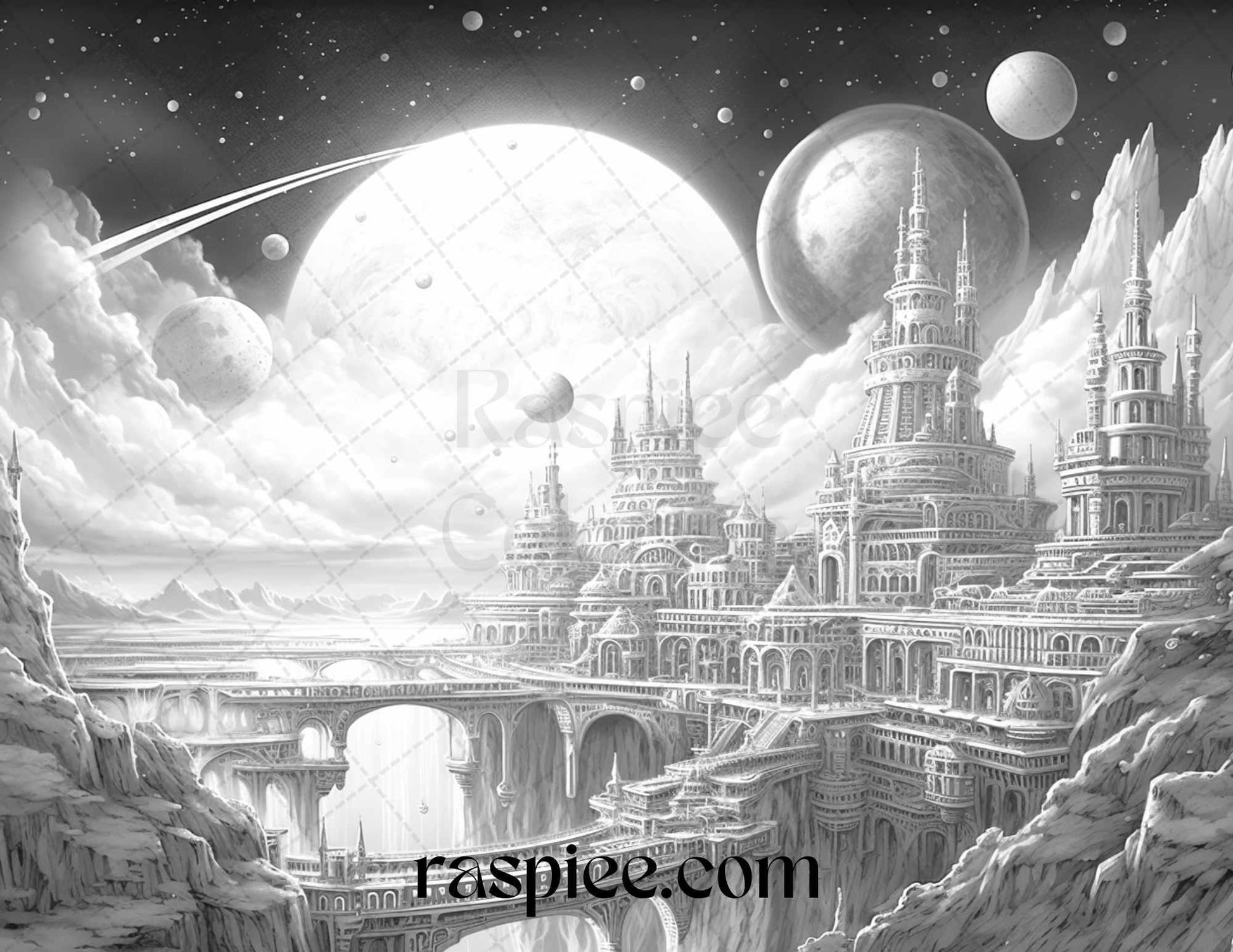 55 Celestial Landscapes Grayscale Coloring Pages Printable for Adults, PDF File Instant Download