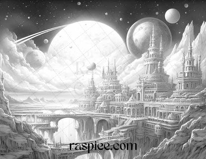 55 Celestial Landscapes Grayscale Coloring Pages Printable for Adults, PDF File Instant Download
