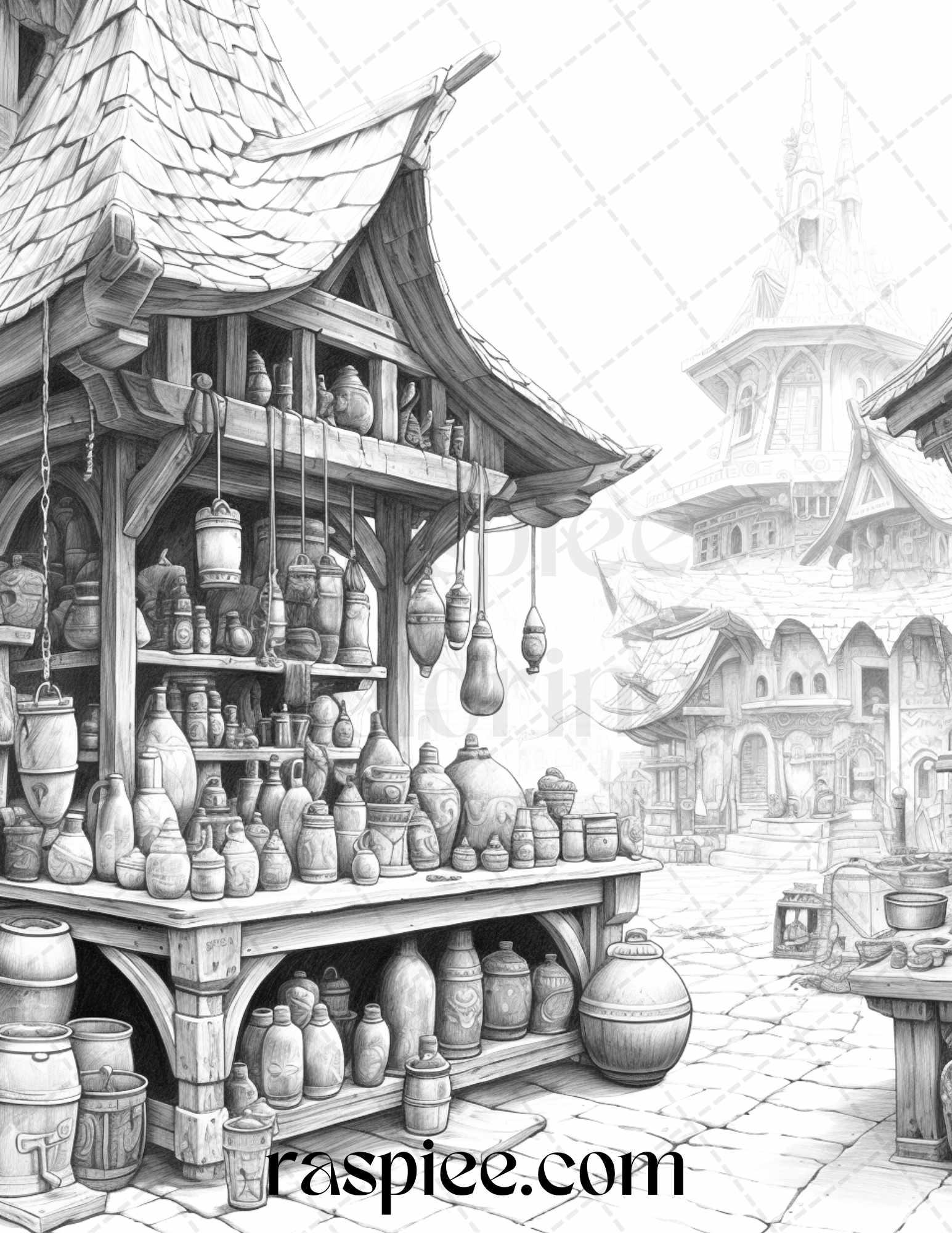 Mystical World Grayscale Coloring Pages Printable for Adults, Enchanting Fantasy Designs, PDF File Instant Download