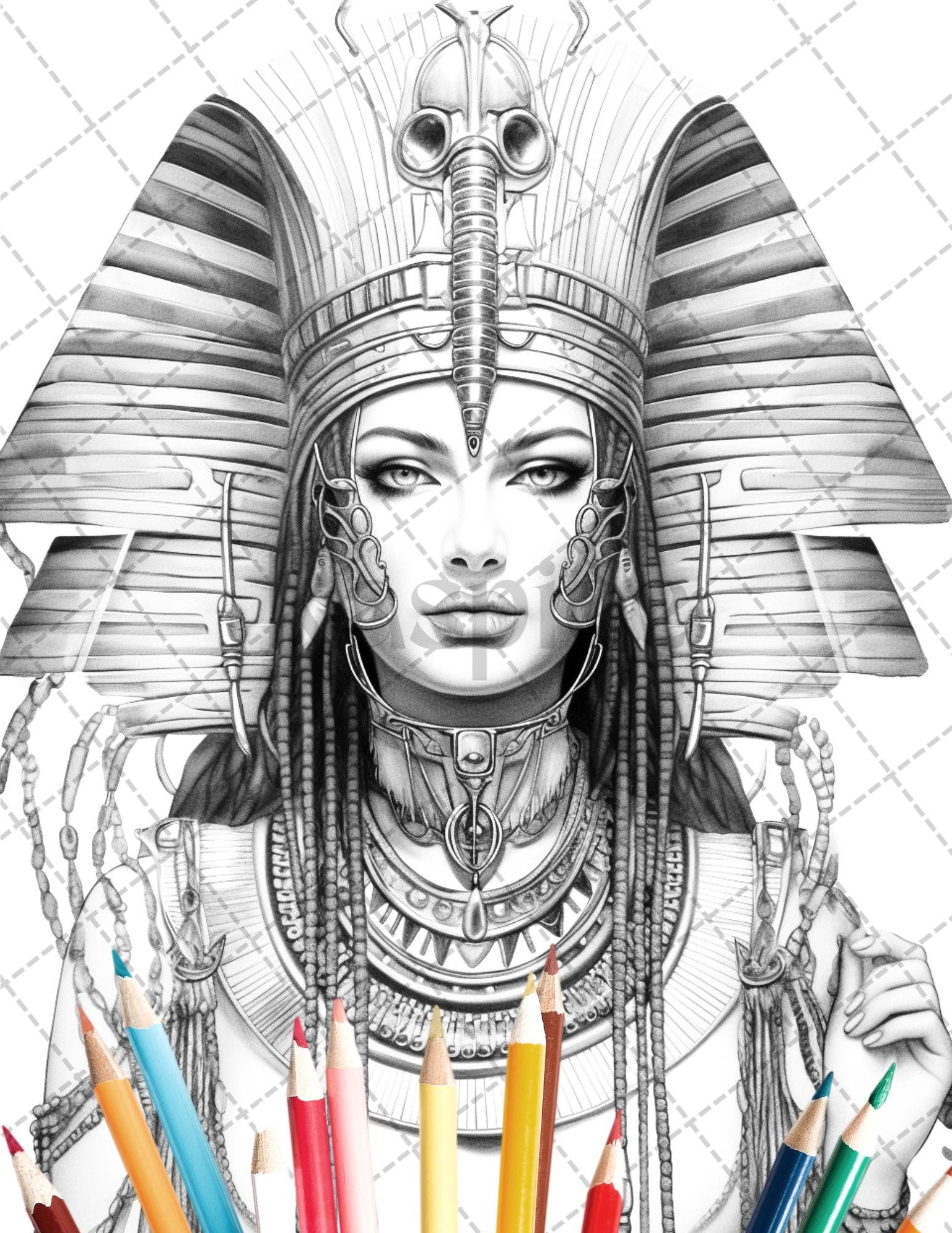 35 Ancient Egyptian Queens Coloring Book Printable for Adults, Grayscale Coloring Page, PDF File Instant Download