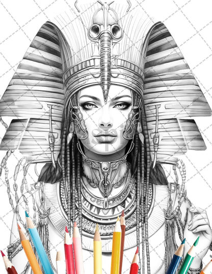 35 Ancient Egyptian Queens Coloring Book Printable for Adults, Grayscale Coloring Page, PDF File Instant Download