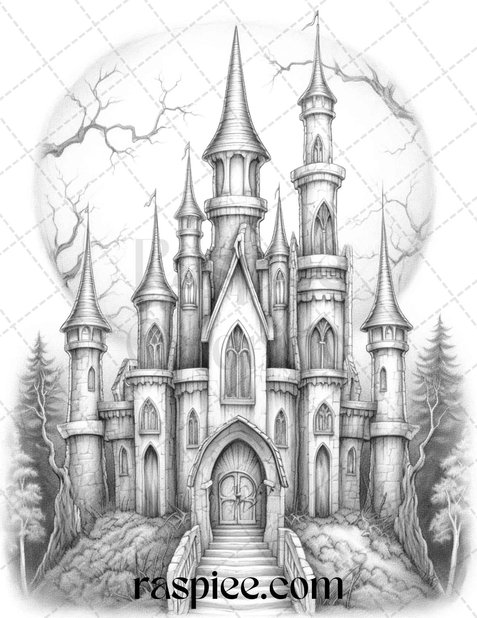 50 Haunted Castles Grayscale Coloring Pages Printable, Halloween Coloring Book, PDF File Instant Download