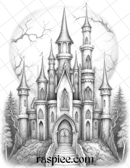 50 Haunted Castles Grayscale Coloring Pages Printable, Halloween Coloring Book, PDF File Instant Download