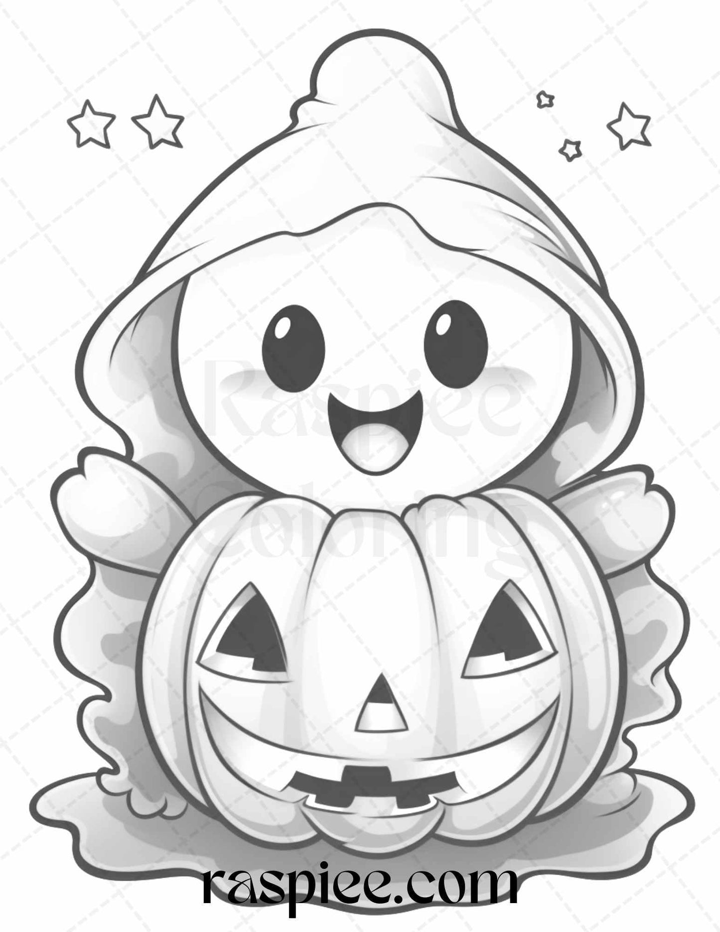 50 Halloween Cute Ghosts Grayscale Coloring Printable for Adults Kids, PDF File Instant Download