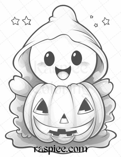 50 Halloween Cute Ghosts Grayscale Coloring Printable for Adults Kids, PDF File Instant Download