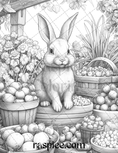 50 Rabbit Garden Grayscale Coloring Pages Printable for Adults, PDF File Instant Download
