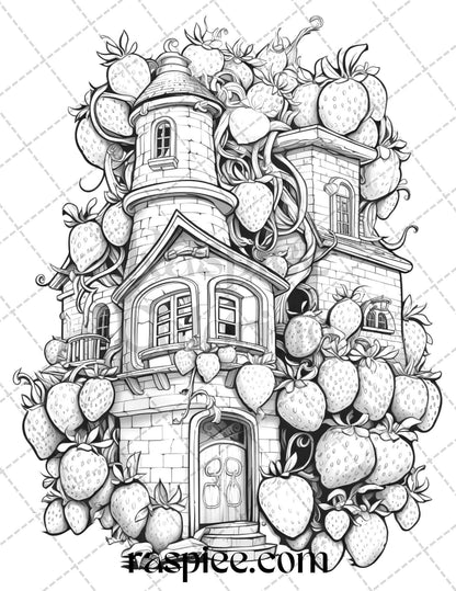 50 Strawberry Houses Grayscale Coloring Pages Printable for Adults Kids, PDF File Instant Download