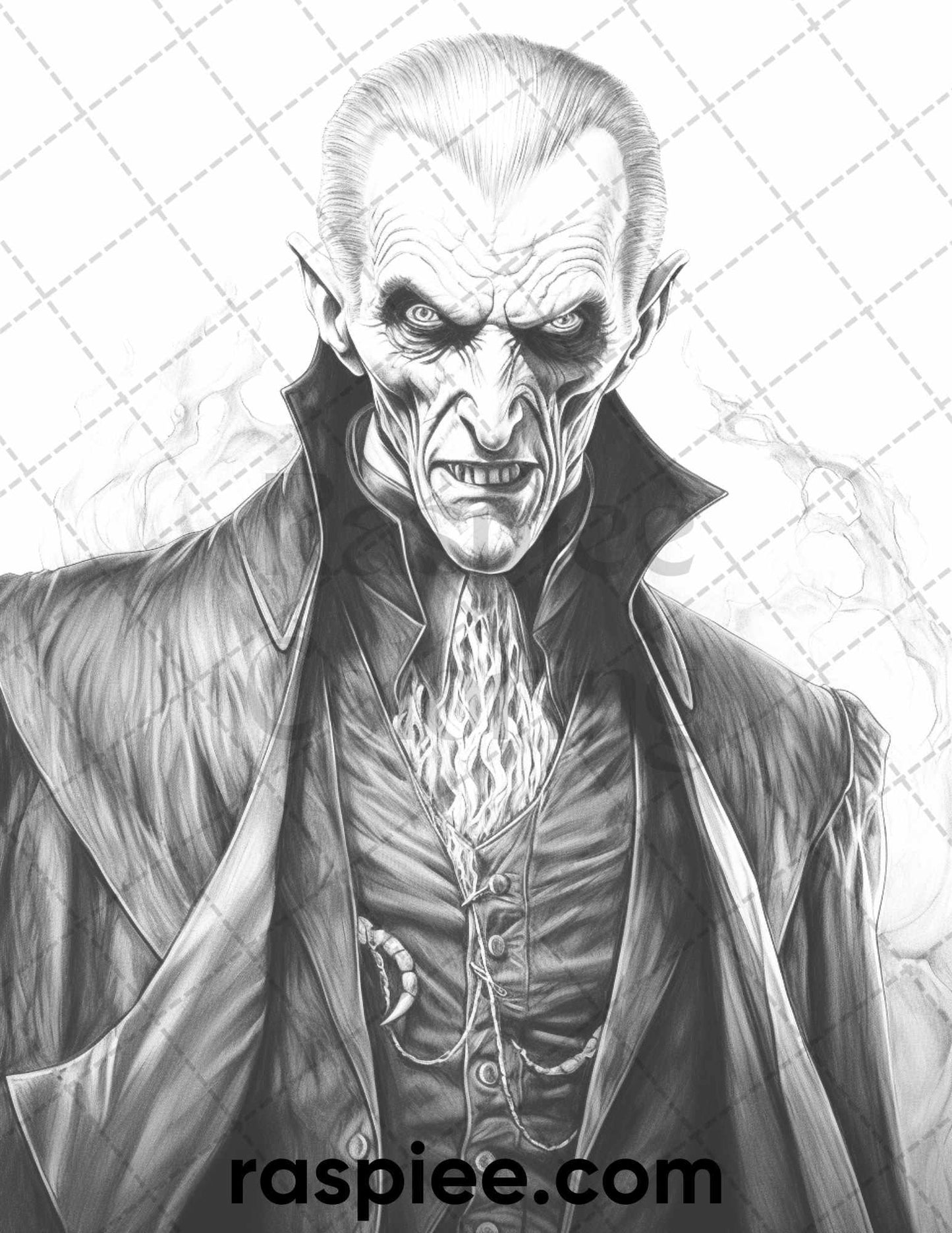 50 Count Dracula Grayscale Coloring Pages Printable for Adults, PDF File Instant Download