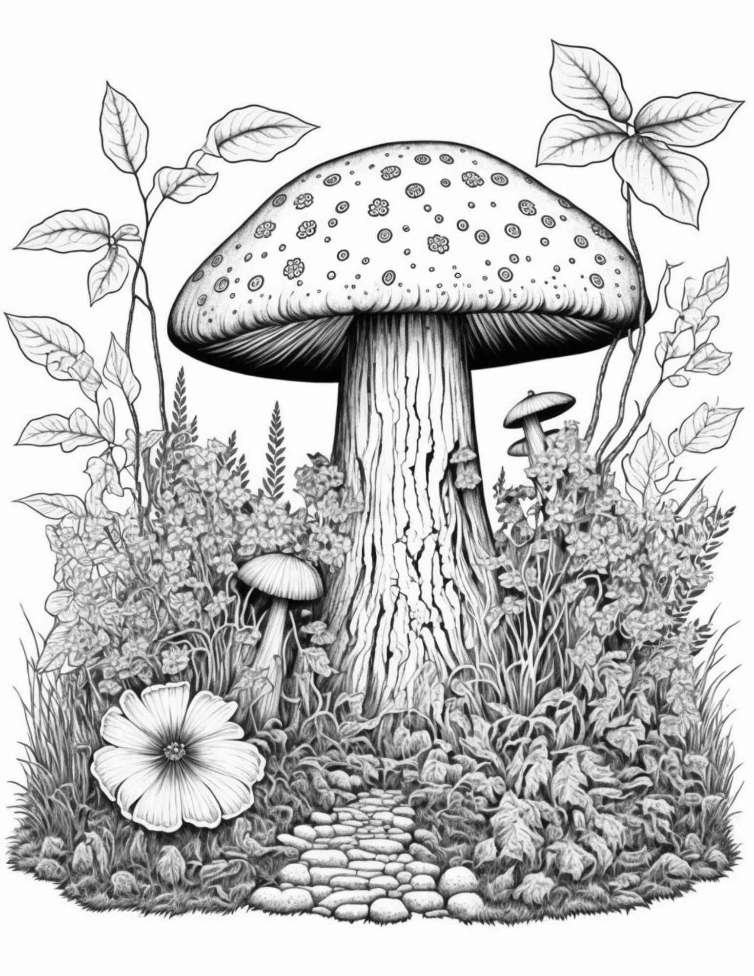 100 Mushroom Forest Coloring Pages Printable for Adults and Kids, Grayscale Coloring Book, Printable PDF File Instant Download