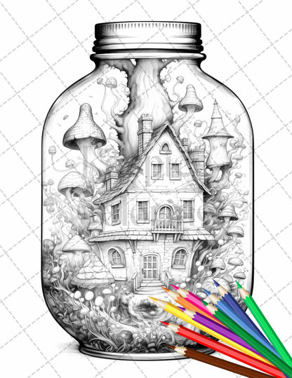 Fairy House in Jar Grayscale Coloring Pages Printable for Adults, PDF File Instant Download