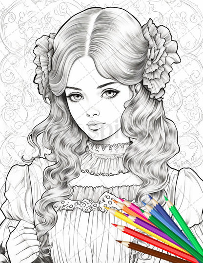36 Beautiful Victorian Girls Coloring Pages Printable for Adults, Grayscale Coloring Page, PDF File Instant Download