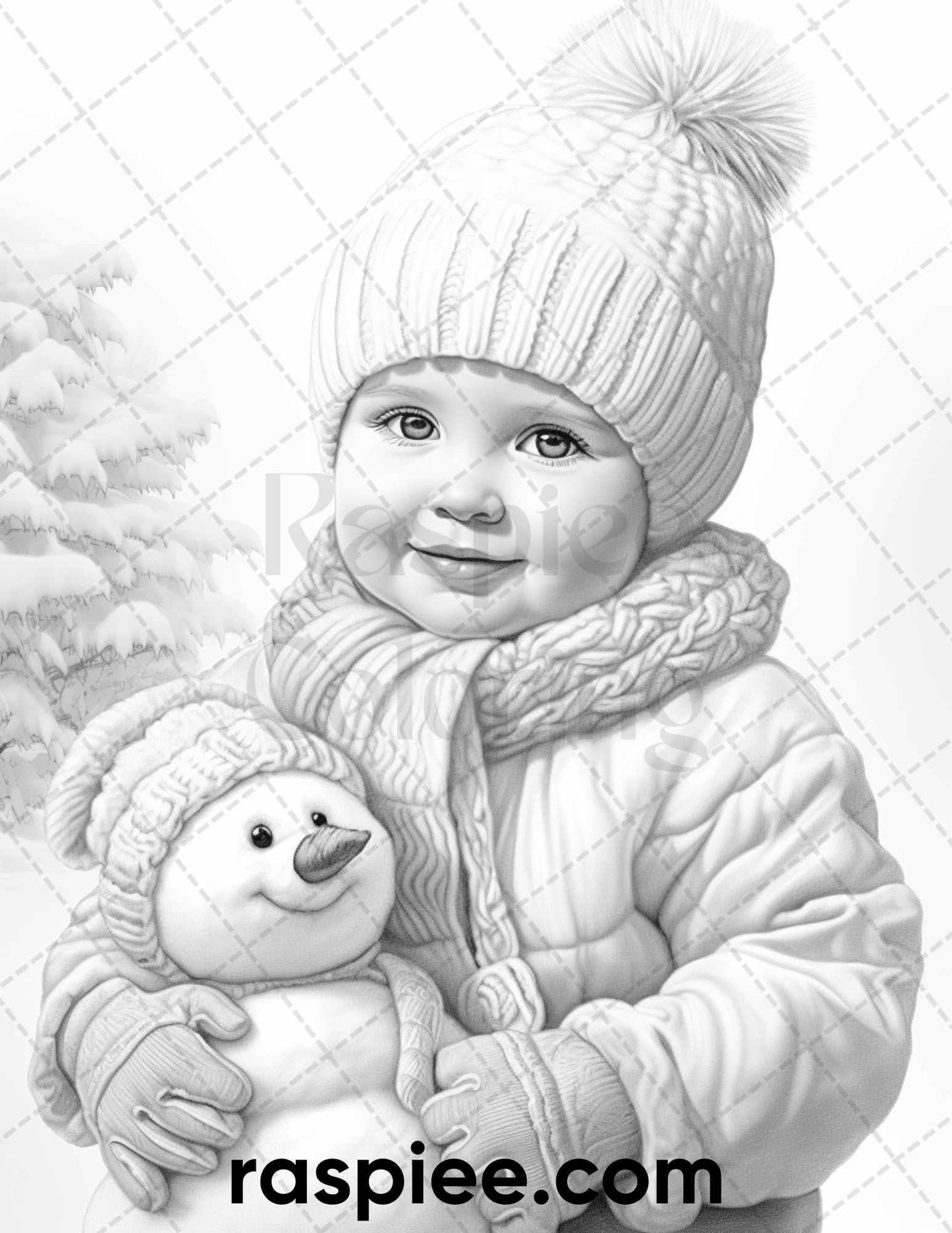 50 Baby Winter Portrait Grayscale Coloring Pages Printable for Adults, PDF File Instant Download