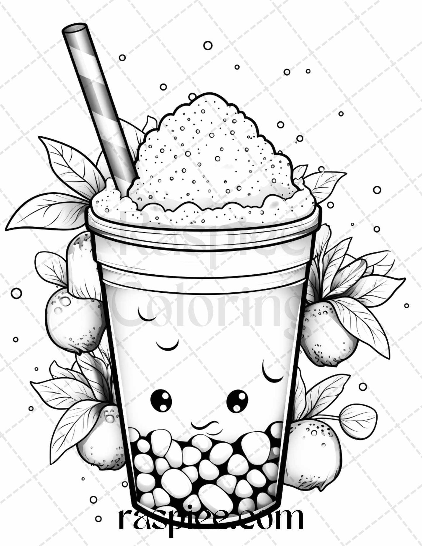 50 Cute Kawaii Boba Tea Grayscale Coloring Pages for Adults and Kids, Printable PDF File Instant Download